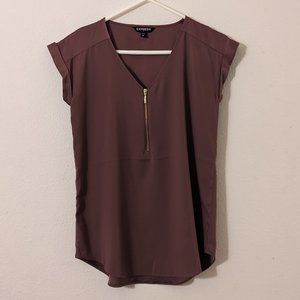 Express Brownish Purple Zipper Blouse, Short Sleeve Top, Petite Extra Small